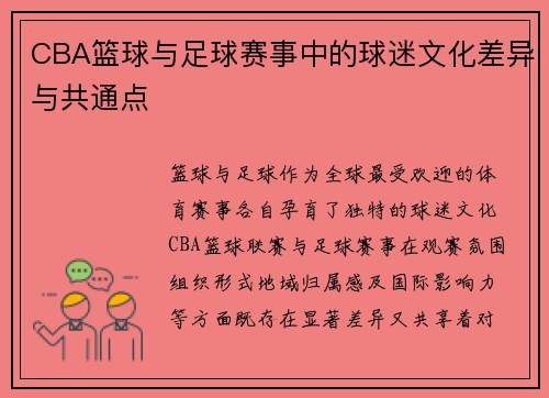 CBA篮球与足球赛事中的球迷文化差异与共通点