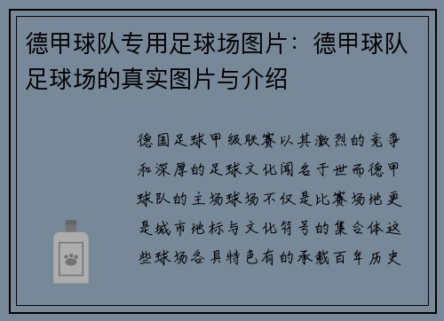 德甲球队专用足球场图片:德甲球队足球场的真实图片与介绍