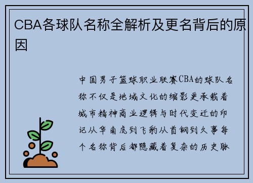 CBA各球队名称全解析及更名背后的原因